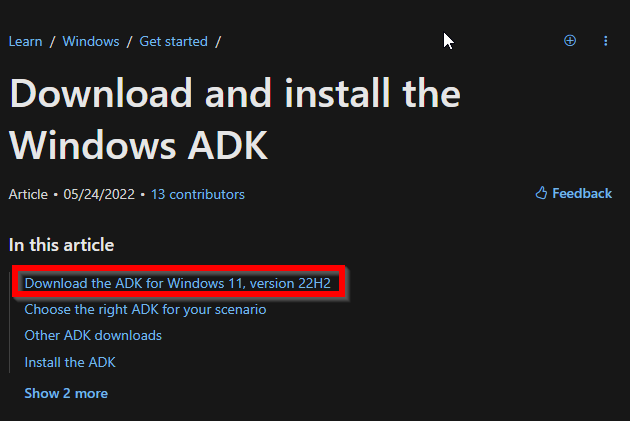 Download the ADK for Windows 11, version 22H2